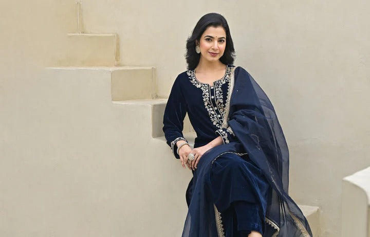 Embroidered Blue Velvet Kurta Pant Dupatta Set for Women