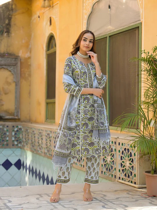 Sea Green Cotton Block Print Kurta Pant with Dupatta