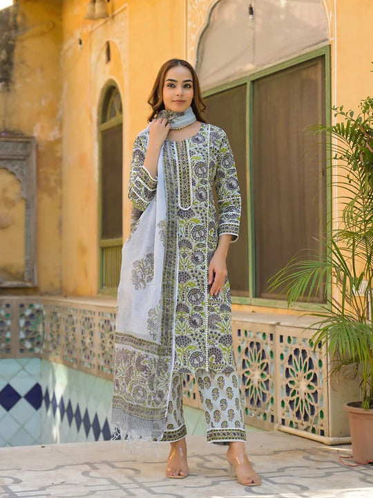 Sea Green Cotton Block Print Kurta Pant with Dupatta