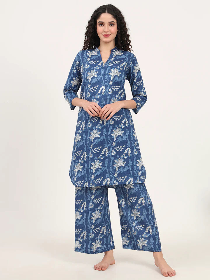 Blue Kurti with Pyjamas Night Suit Sets