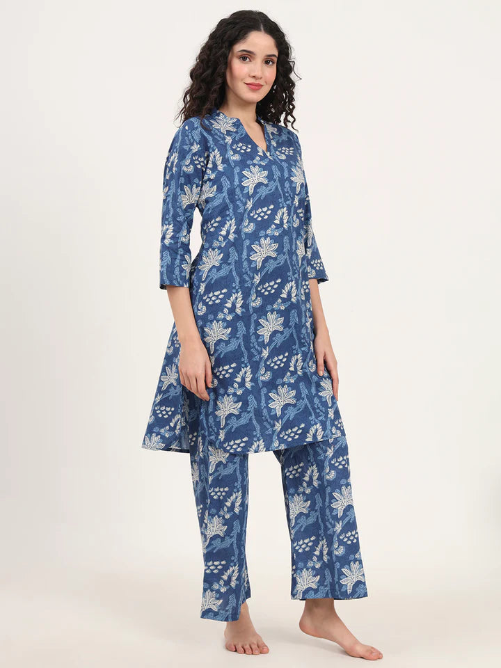 Blue Kurti with Pyjamas Night Suit Sets
