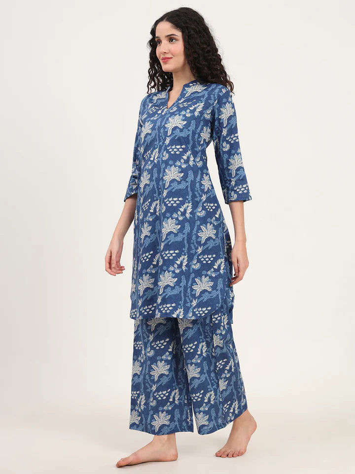 Blue Kurti with Pyjamas Night Suit Sets