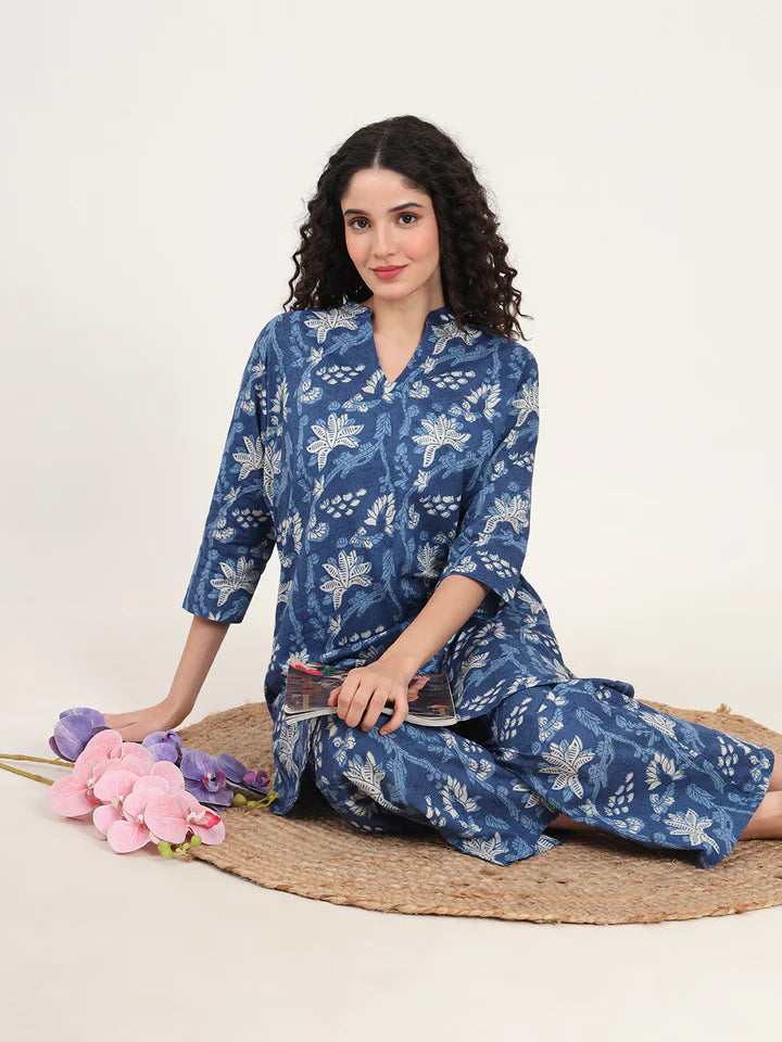 Blue Kurti with Pyjamas Night Suit Sets