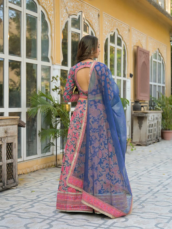 Blue Printed Cotton Lehenga with Choli and Dupatta