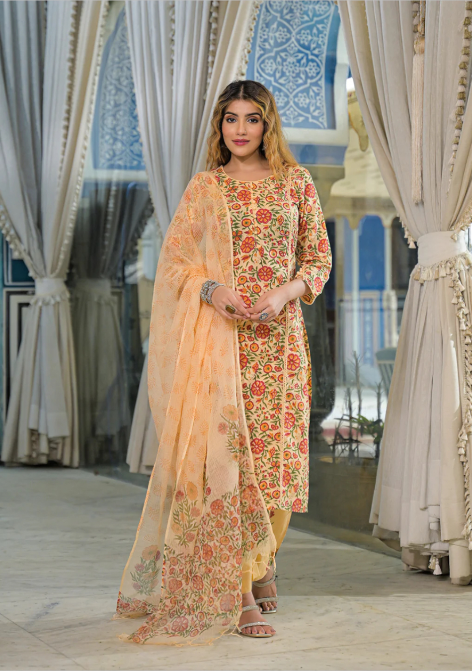 Yellow Hand Block Cotton Straight Kurta Pant With Dupatta