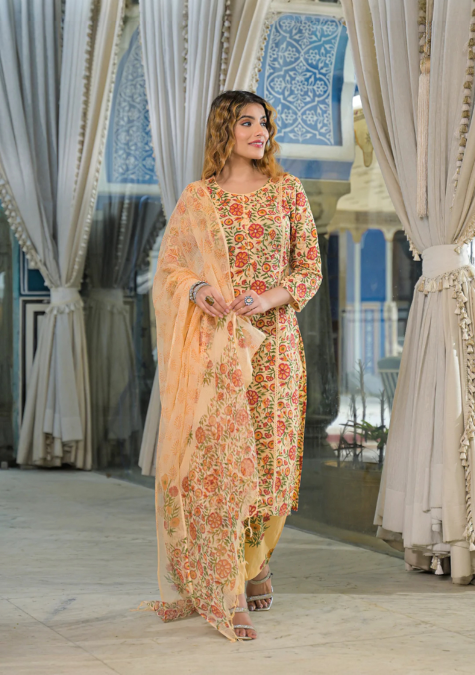 Yellow Hand Block Cotton Straight Kurta Pant With Dupatta