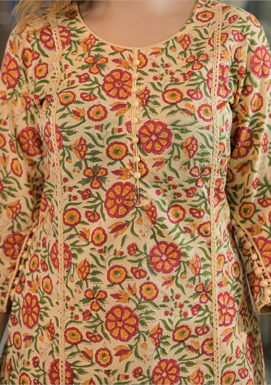 Yellow Hand Block Cotton Straight Kurta Pant With Dupatta