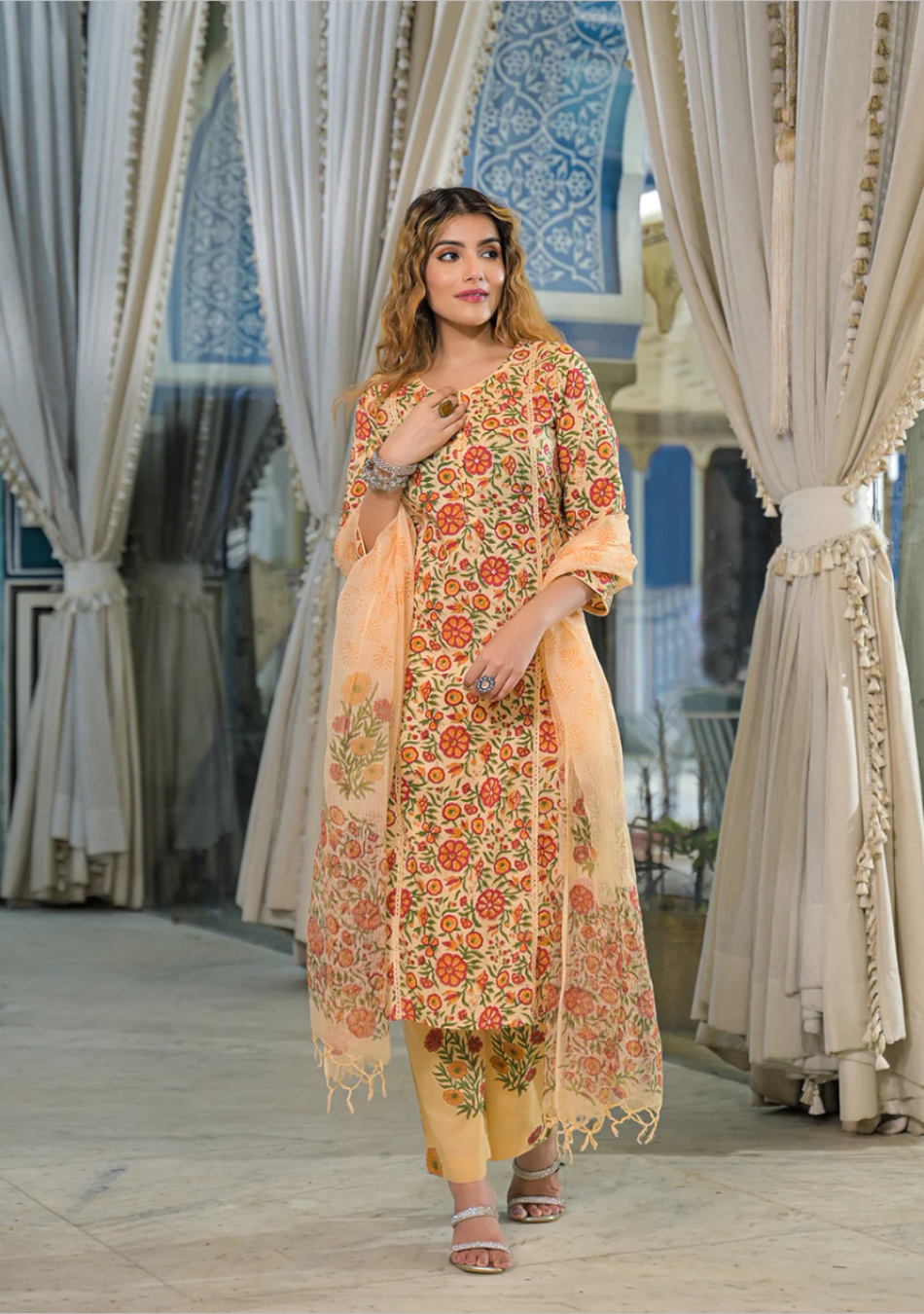 Yellow Hand Block Cotton Straight Kurta Pant With Dupatta