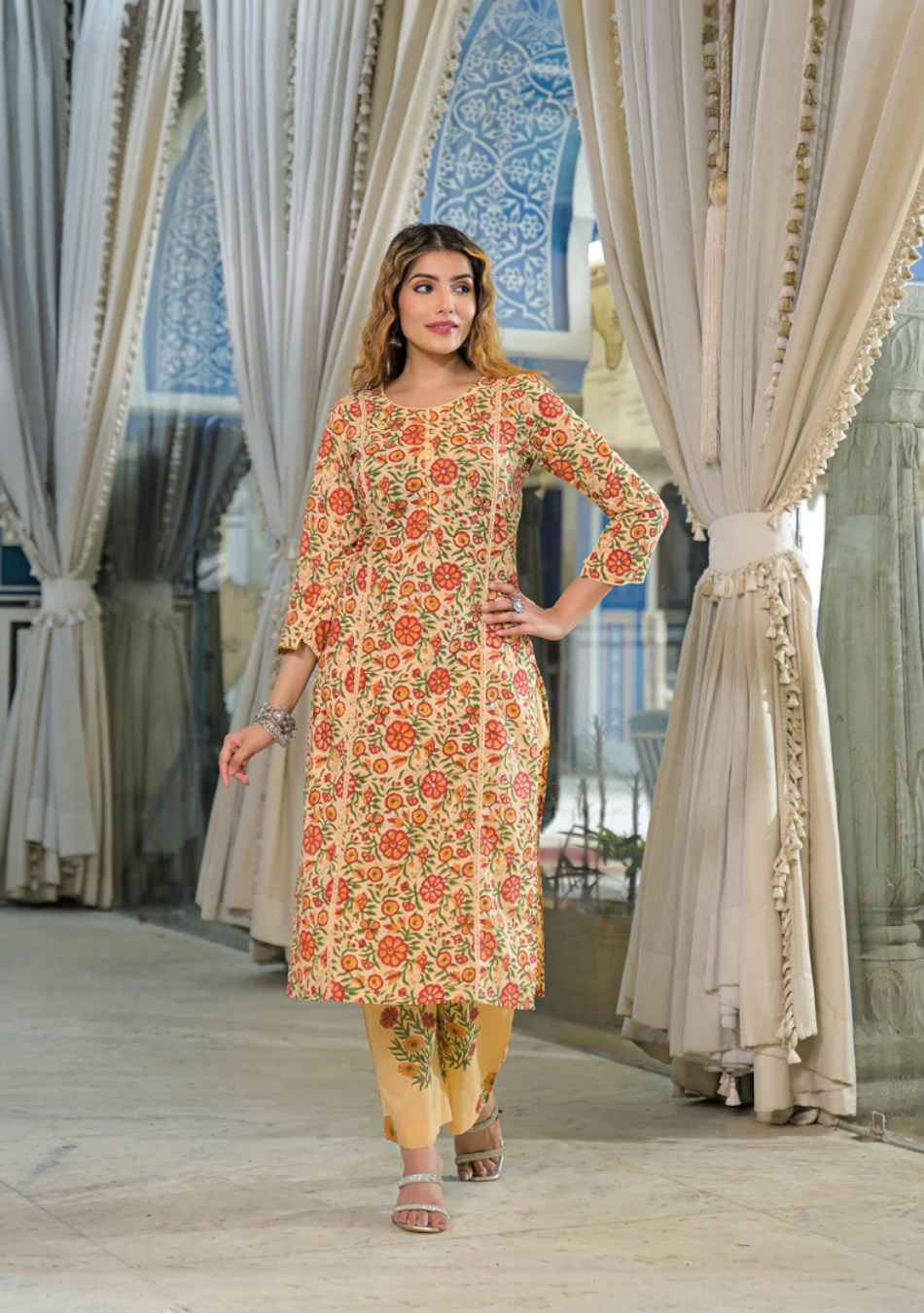 Yellow Hand Block Cotton Straight Kurta Pant With Dupatta