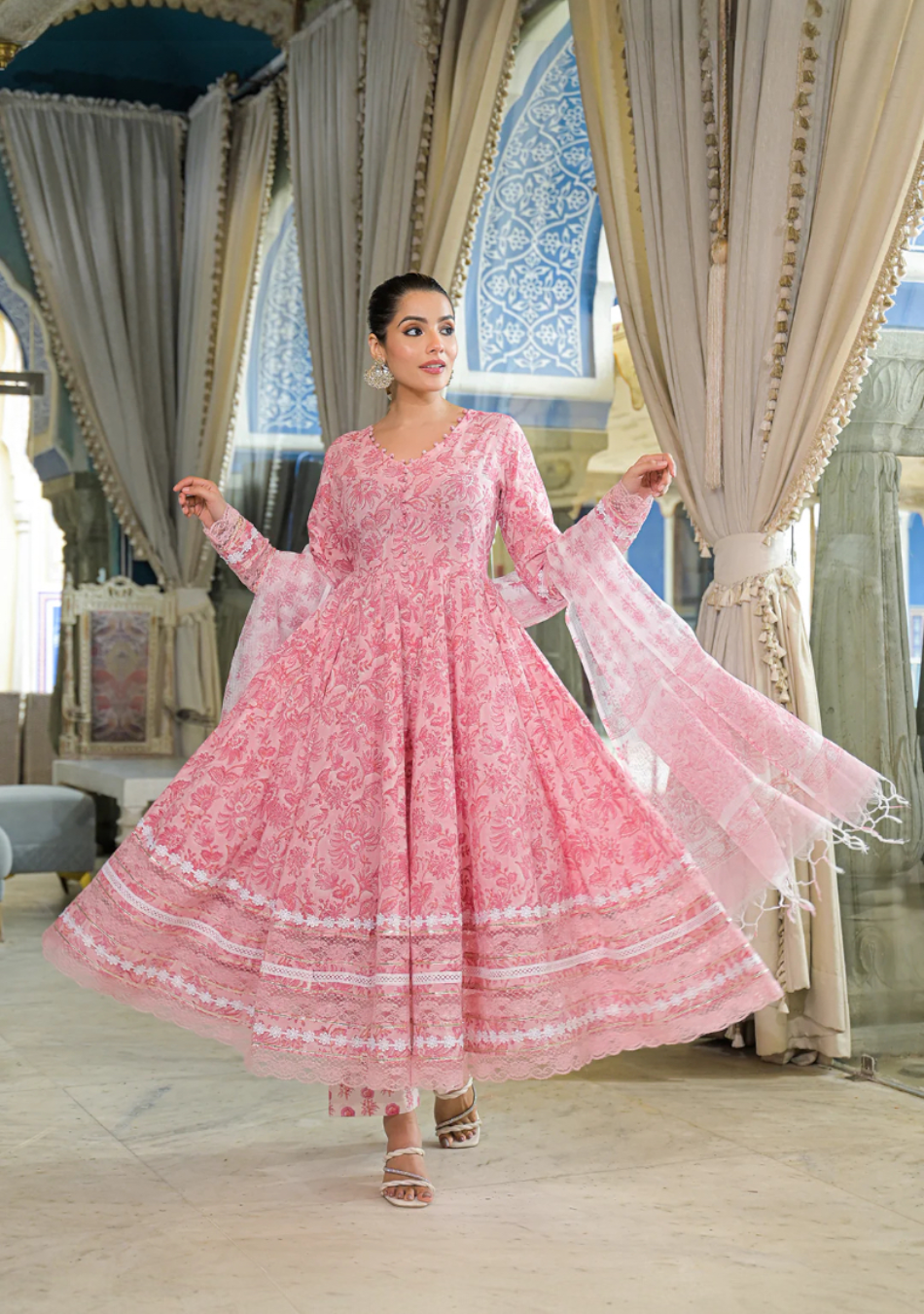 Pink Hand Block Cotton Anarkali Set
