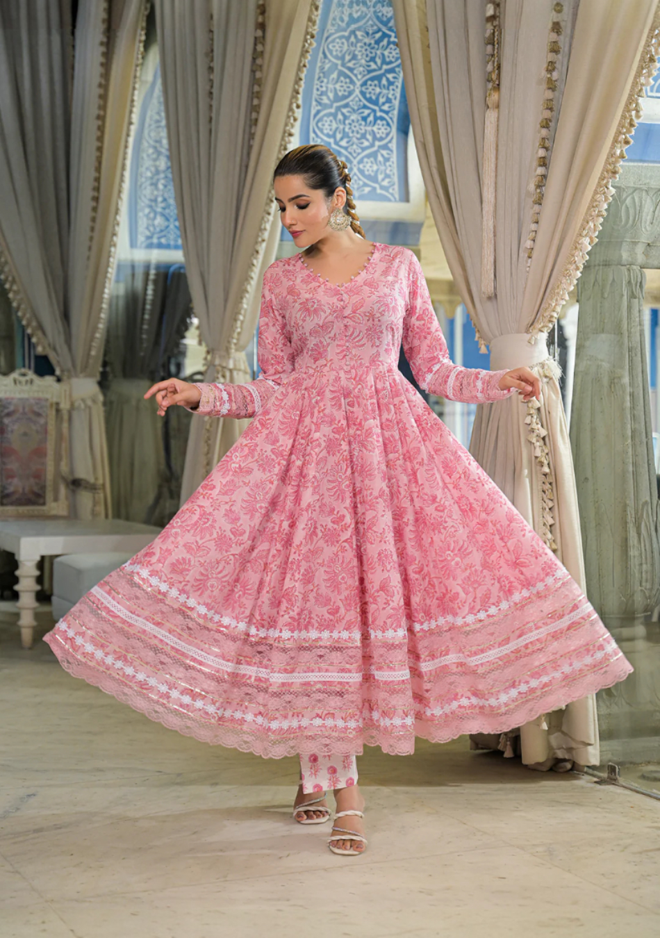 Pink Hand Block Cotton Anarkali Set