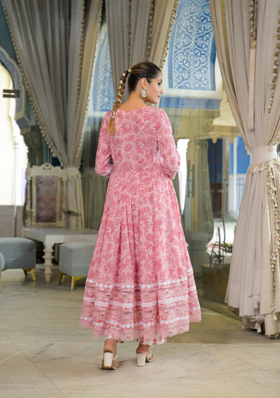 Pink Hand Block Cotton Anarkali Set