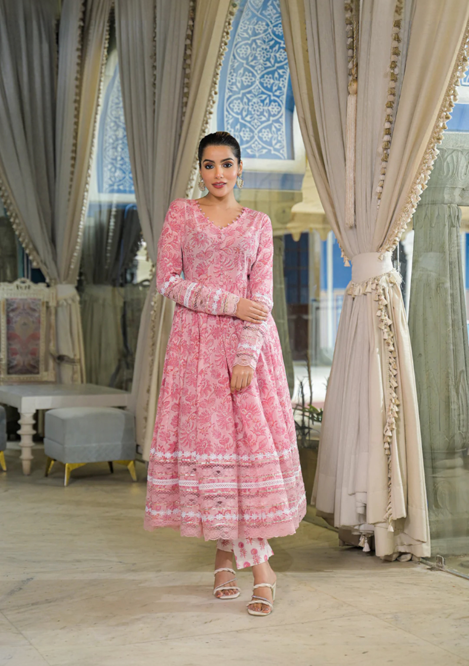 Pink Hand Block Cotton Anarkali Set