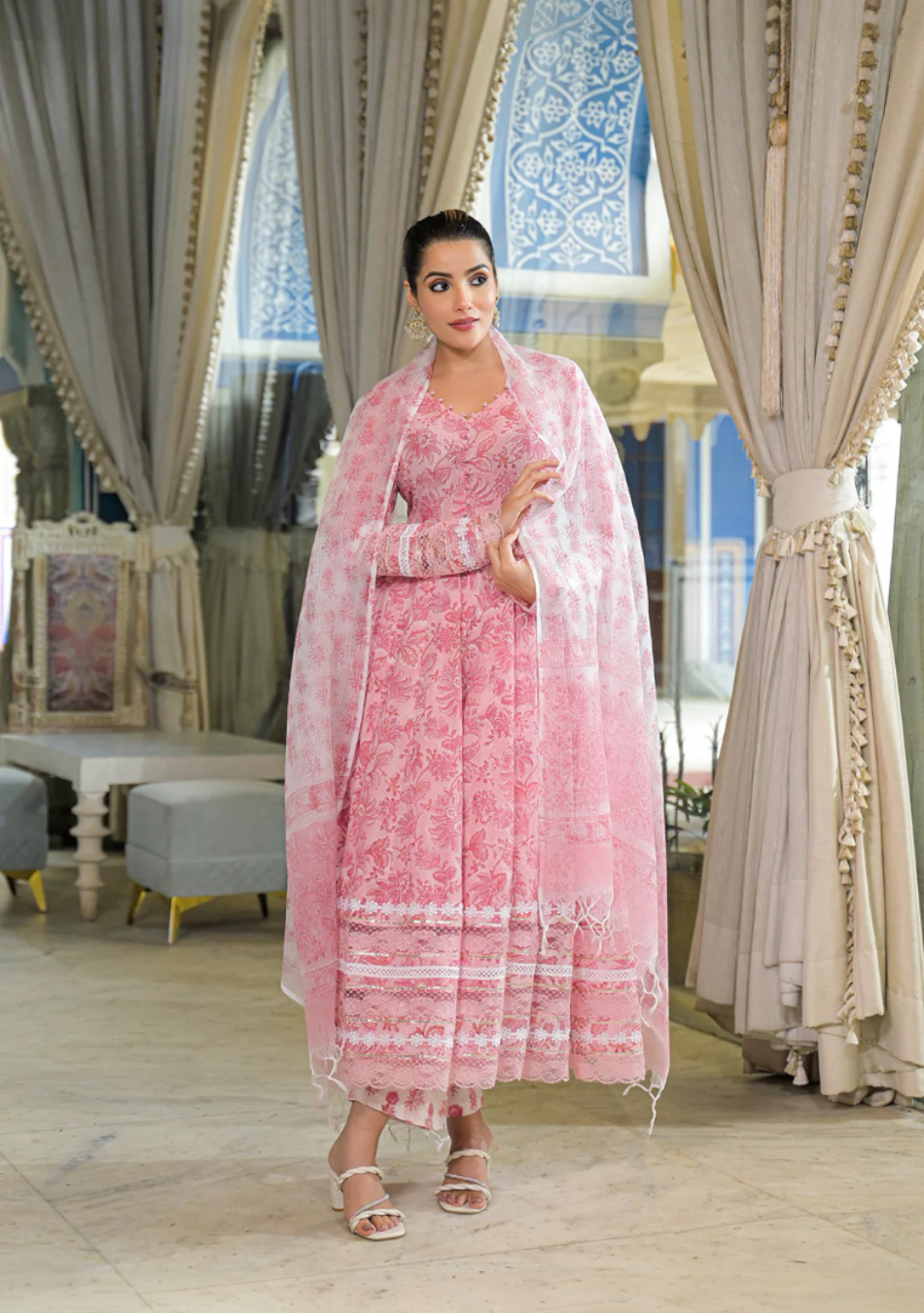 Pink Hand Block Cotton Anarkali Set