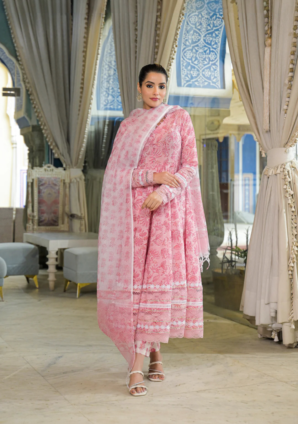 Pink Hand Block Cotton Anarkali Set