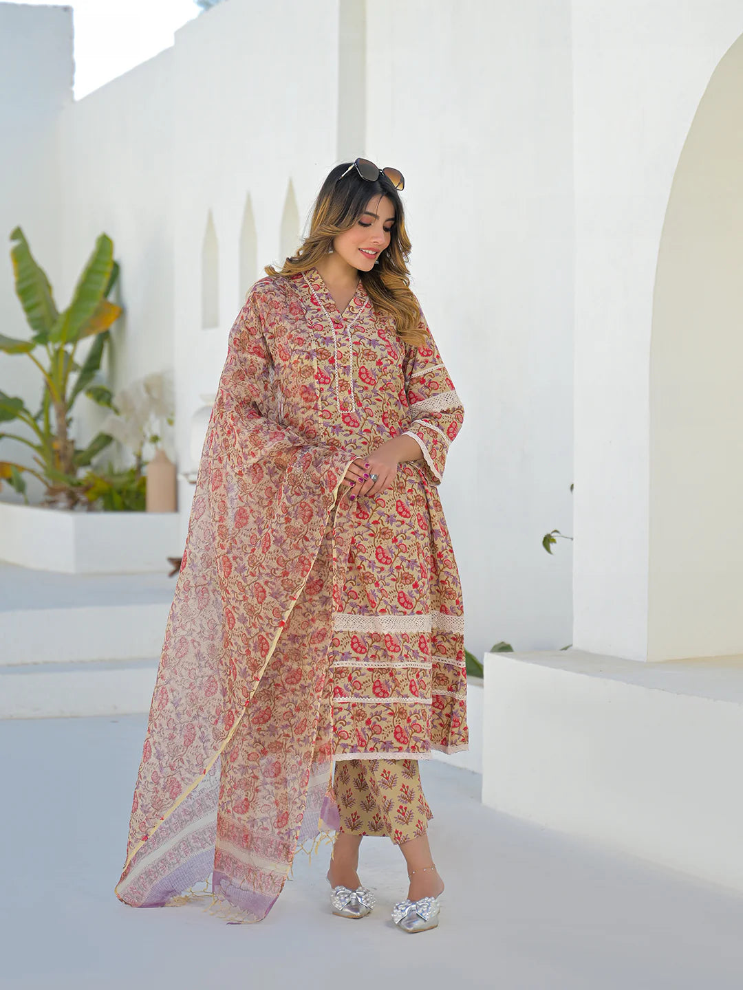 Beige Hand Block Cotton A-Line Kurta Pant Set With Dupatta