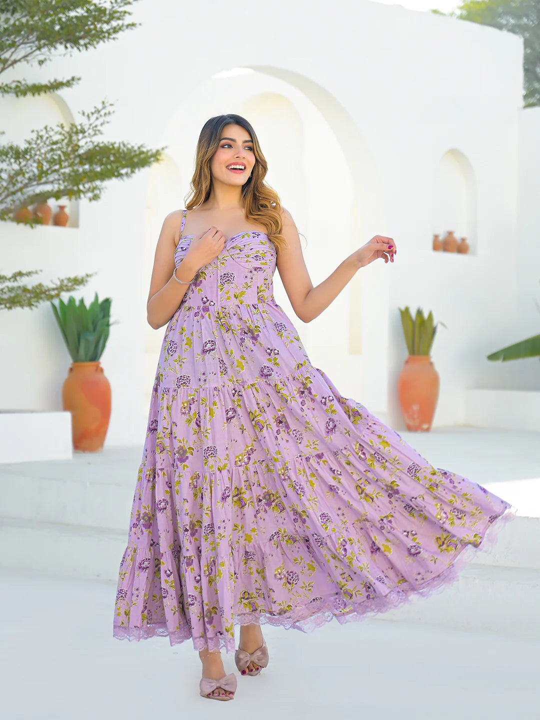 Light Purple Cotton Floral Print Sleeveless Long Dress
