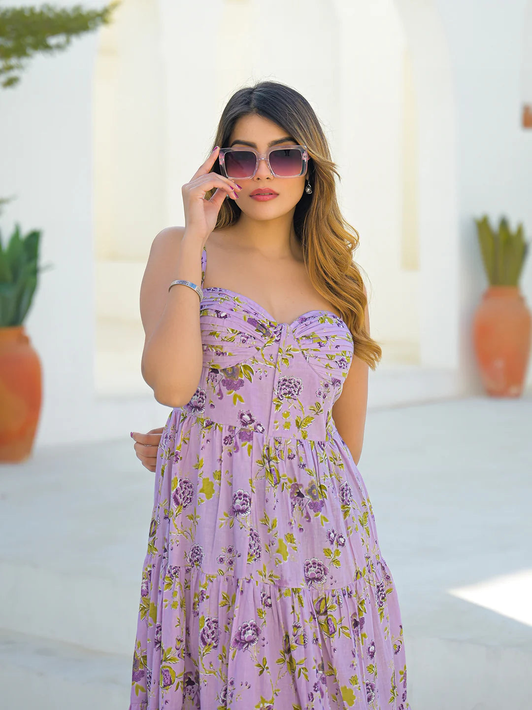 Light Purple Cotton Floral Print Sleeveless Long Dress