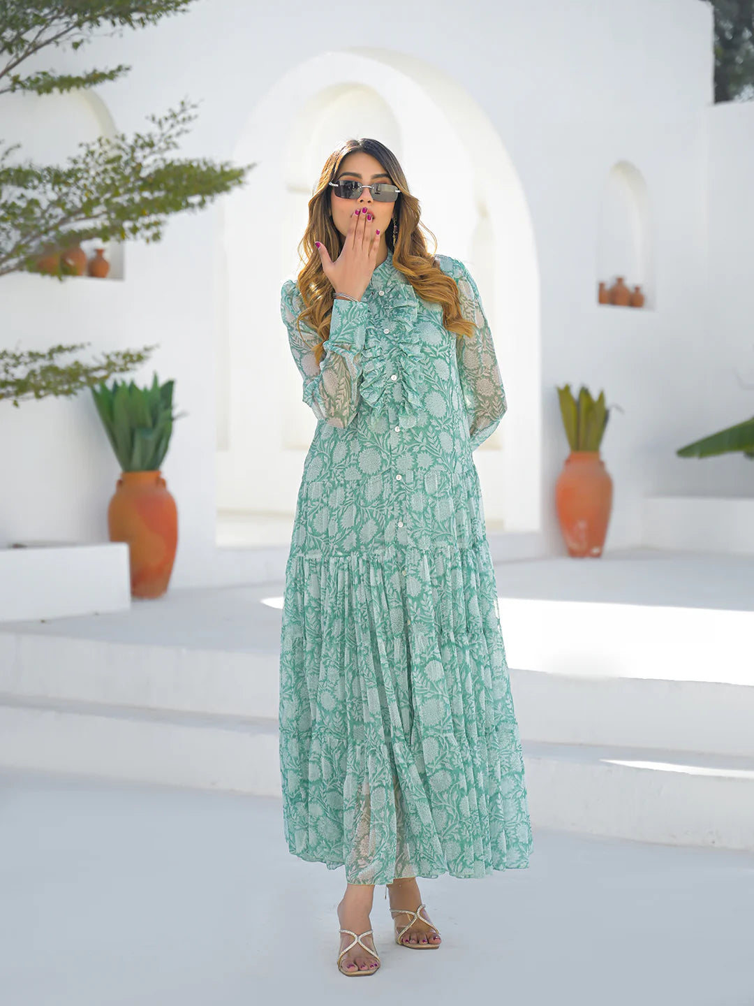 Green Georgette Long Sleeve Maxi Dress