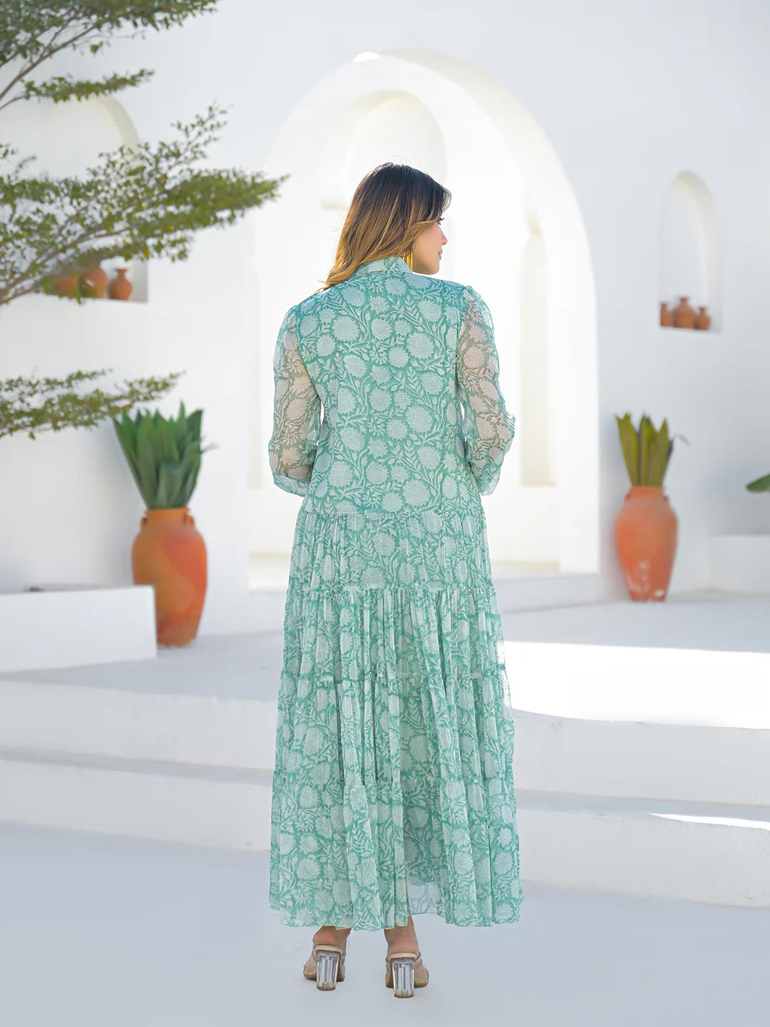 Green Georgette Long Sleeve Maxi Dress