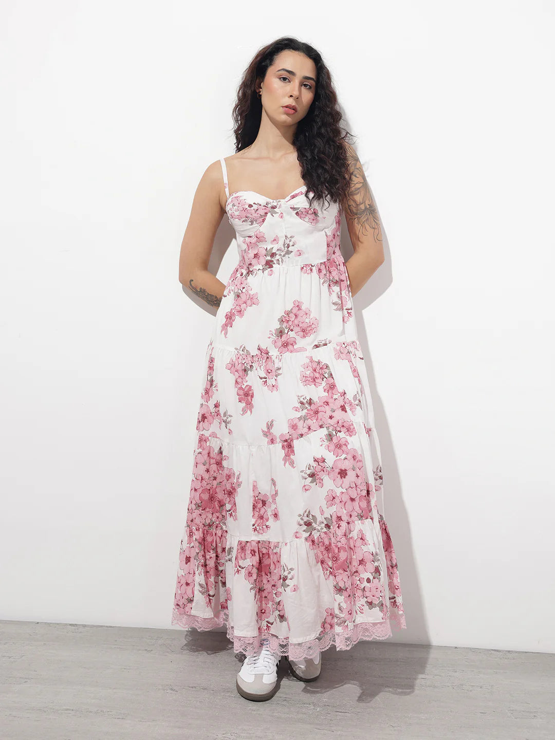 White Floral Shoulder strap Cotton Dress
