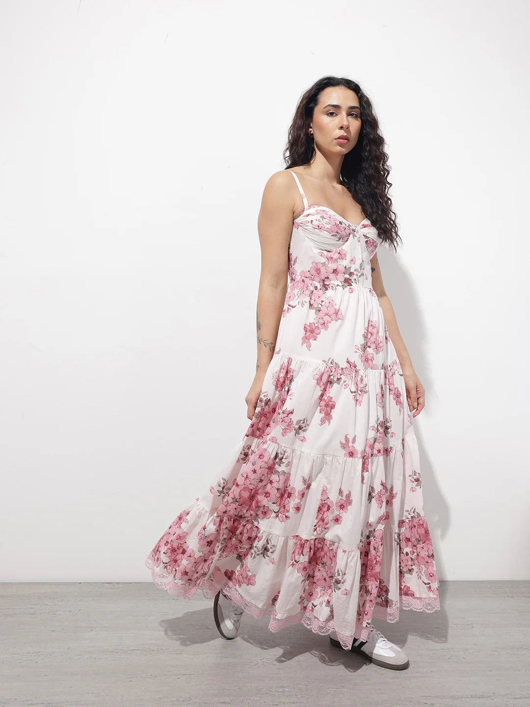 White Floral Shoulder strap Cotton Dress