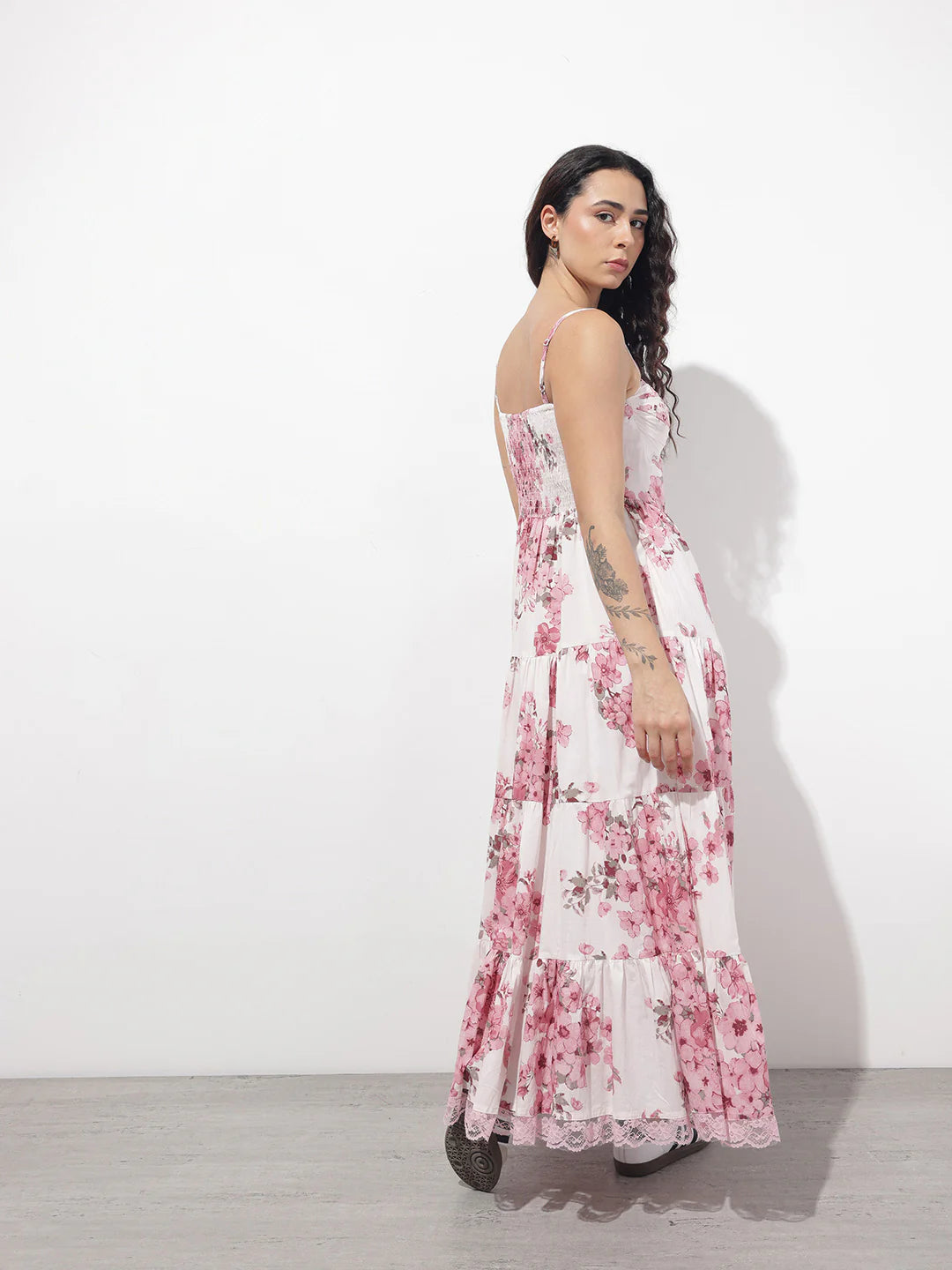 White Floral Shoulder strap Cotton Dress