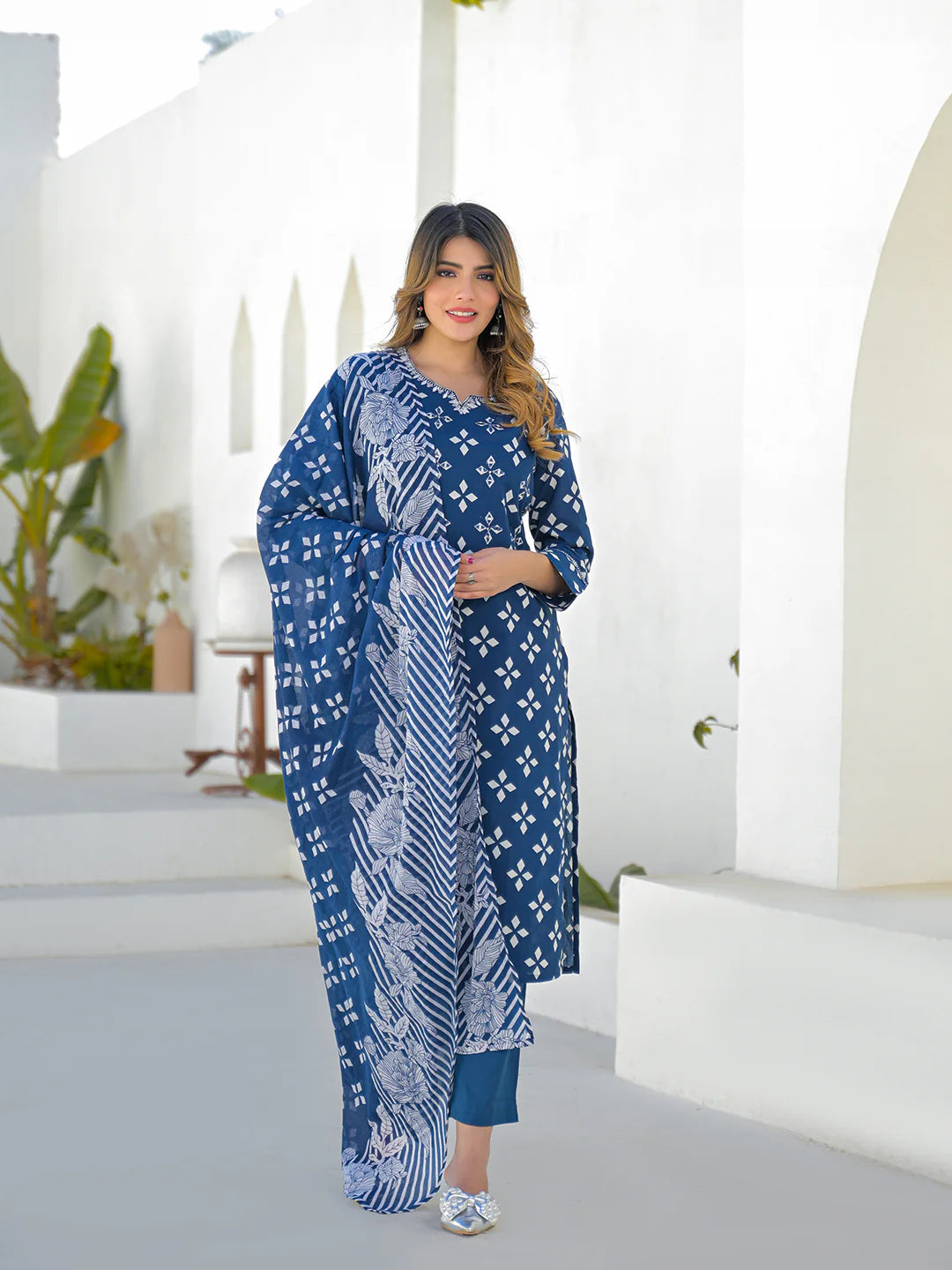 Blue Round Neck Cotton Straight Kurta Pant Set With Dupatta