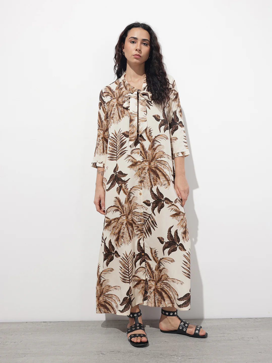 Cream Tie up Neck Rayon Maxi Dress