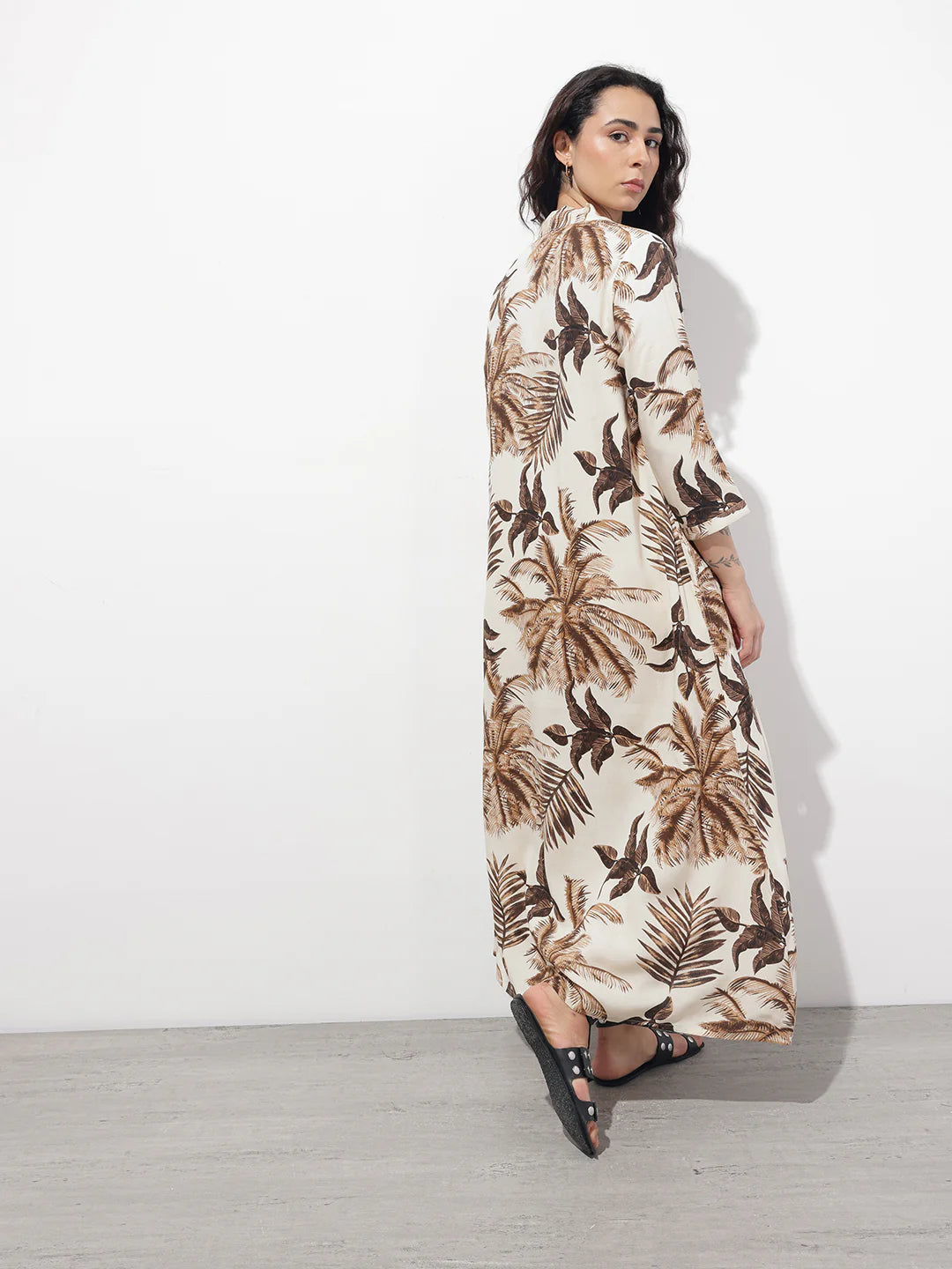 Cream Tie up Neck Rayon Maxi Dress