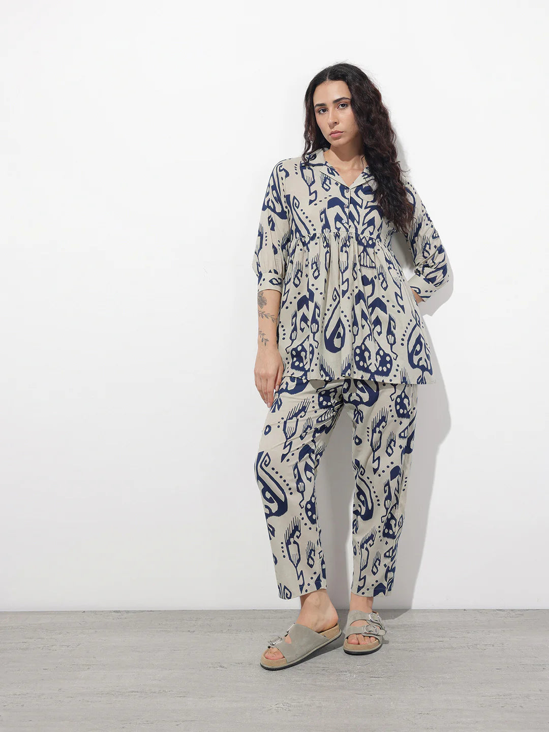 Aravalii Navy Blue Lapel Collar Peplum Co-ords Set
