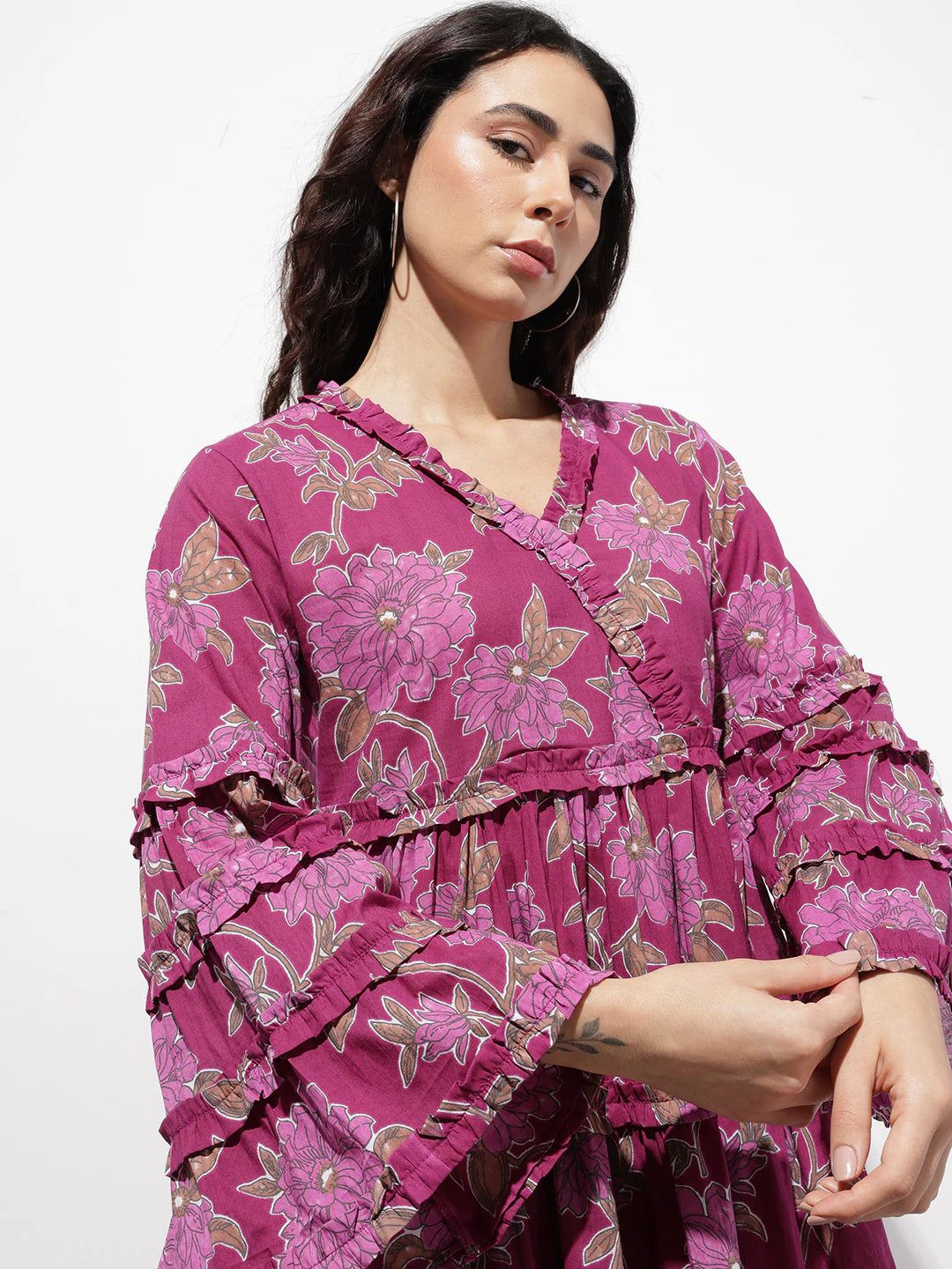 Aravalii Purple V-Neck Midi Cotton Dress