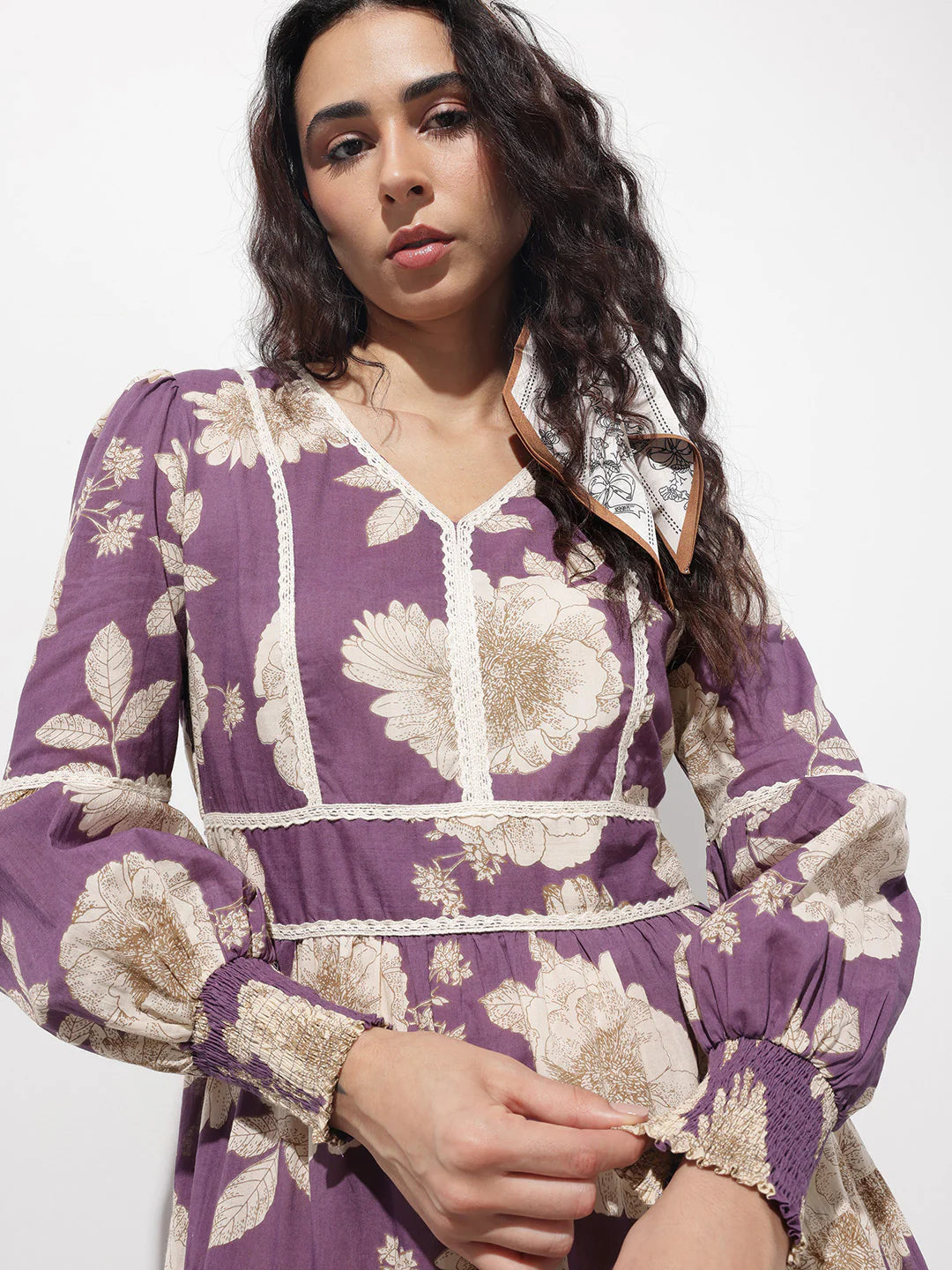 Aravalii Purple V-Neck Midi Cotton Dress