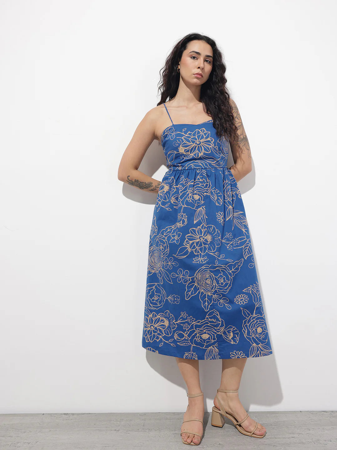 Aravalii Blue noodle strap Poplin Cotton Midi Dress
