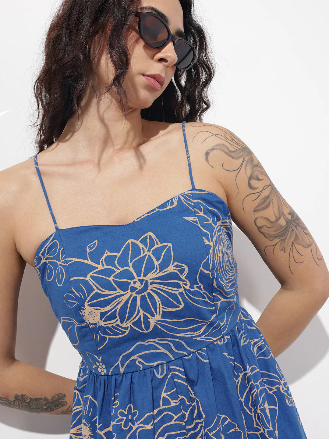 Aravalii Blue noodle strap Poplin Cotton Midi Dress