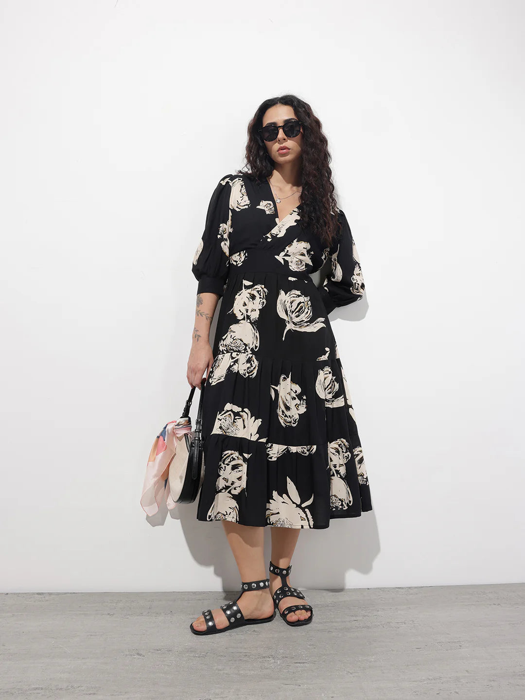 Aravalii Black V-Neck Midi Dress