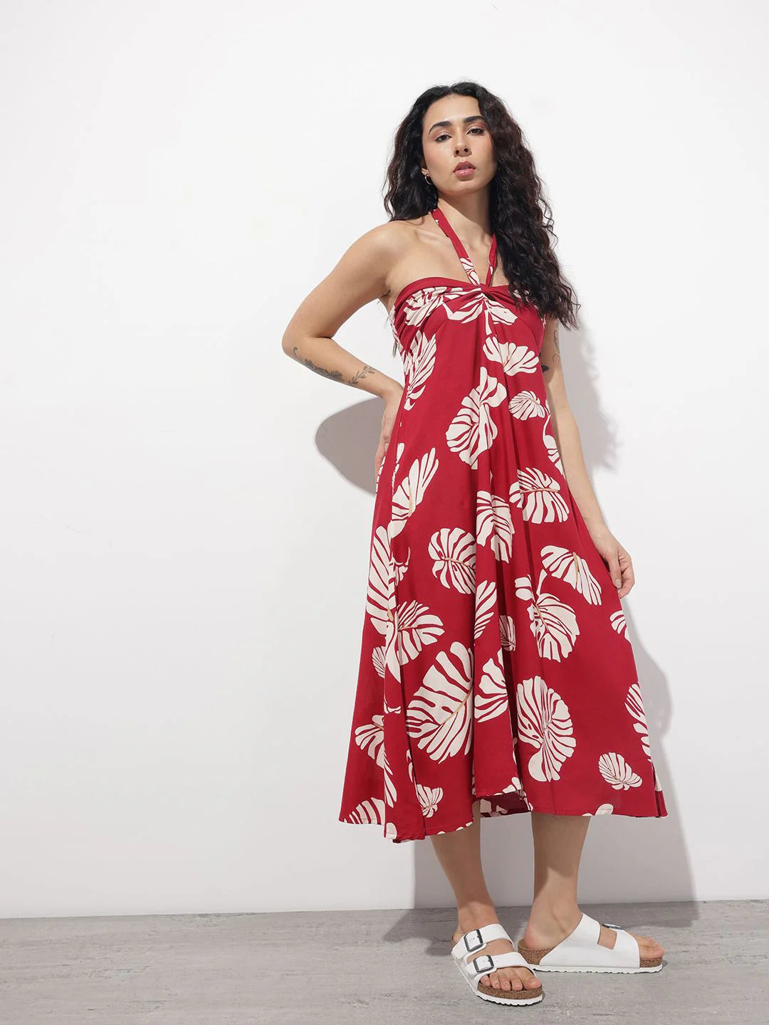 Aravalii Maroon Shoulder Strapes Fit & Flared Rayon Dress