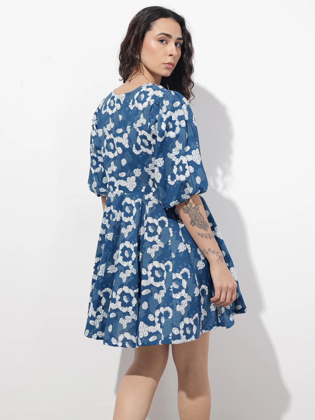 Blue V-Neck Short Bell Sleeves Mini Cotton Dress