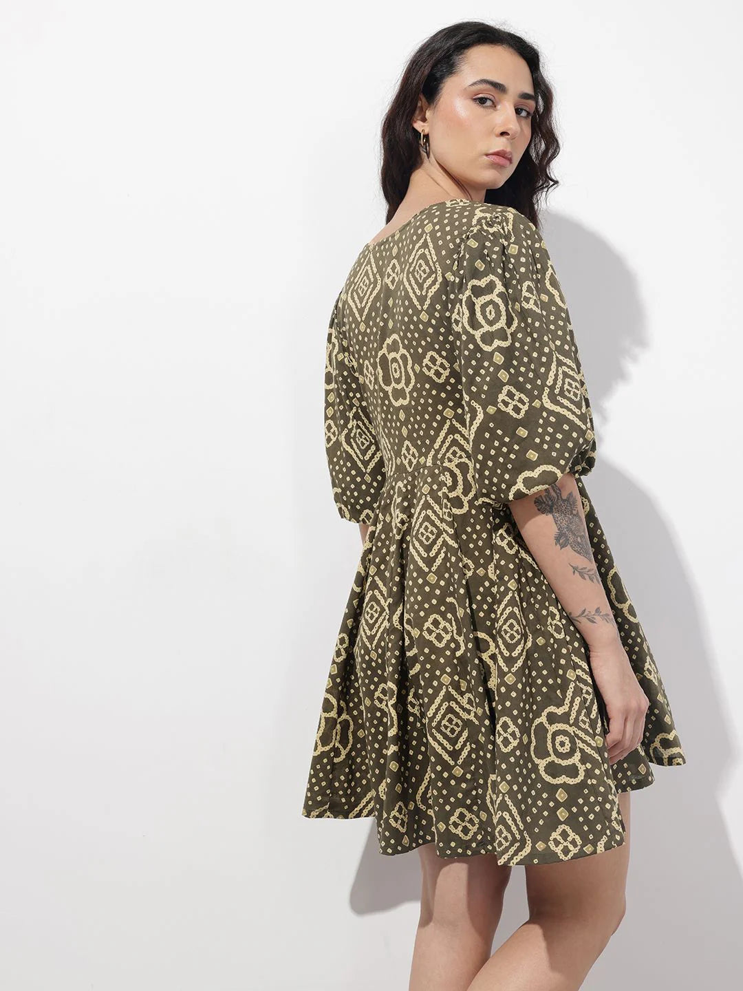 Brown V-Neck Short Bell Sleeves Mini Cotton Dress