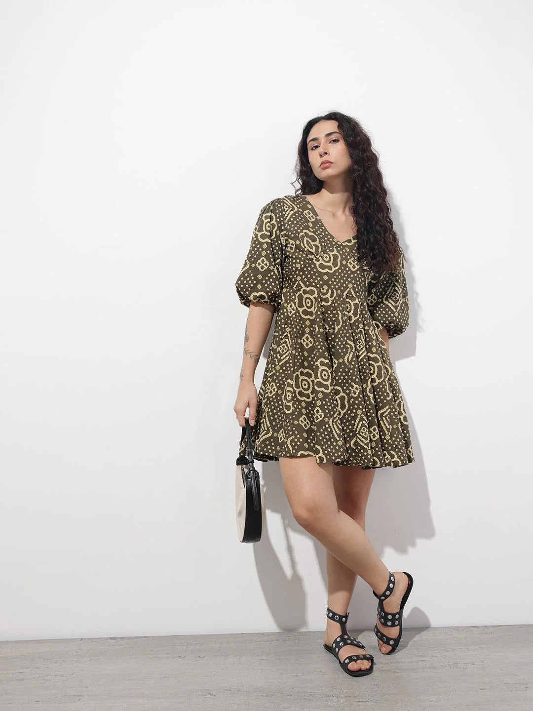 Brown V-Neck Short Bell Sleeves Mini Cotton Dress