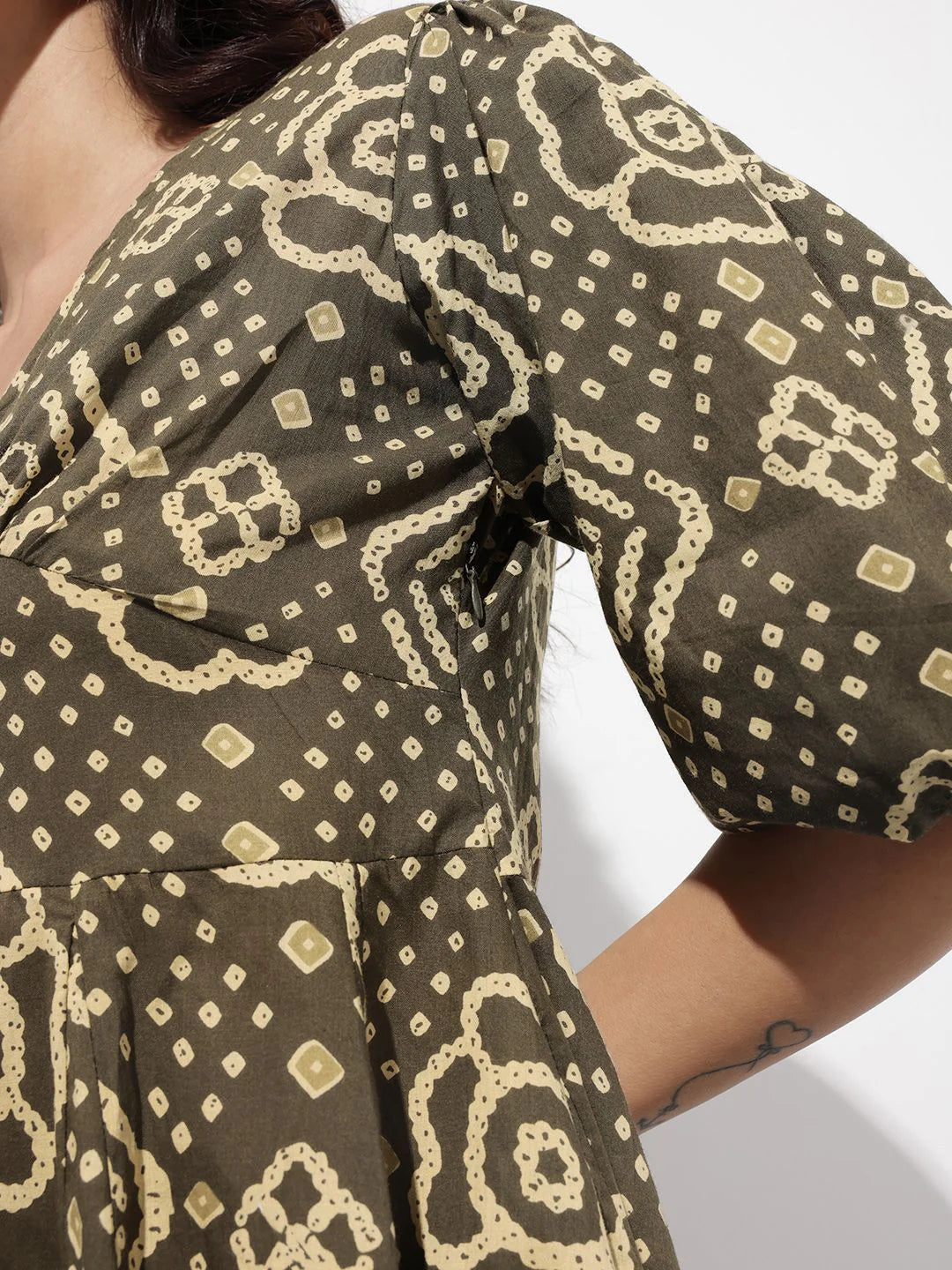 Brown V-Neck Short Bell Sleeves Mini Cotton Dress