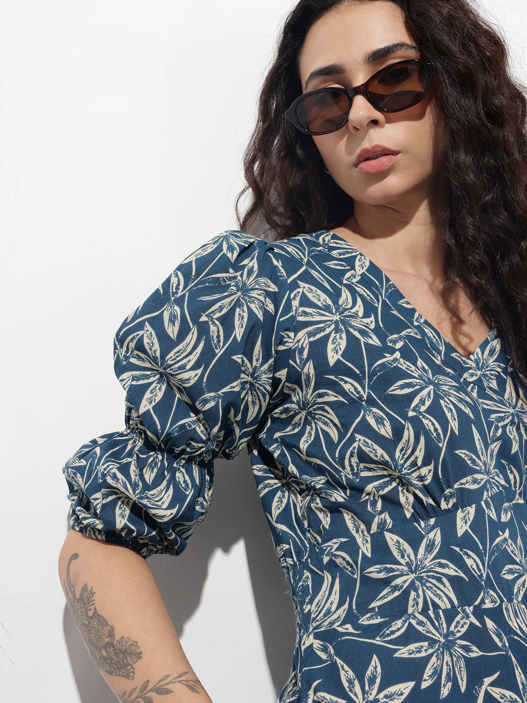 Aravalii Blue V-Neck Midi Cotton Dress