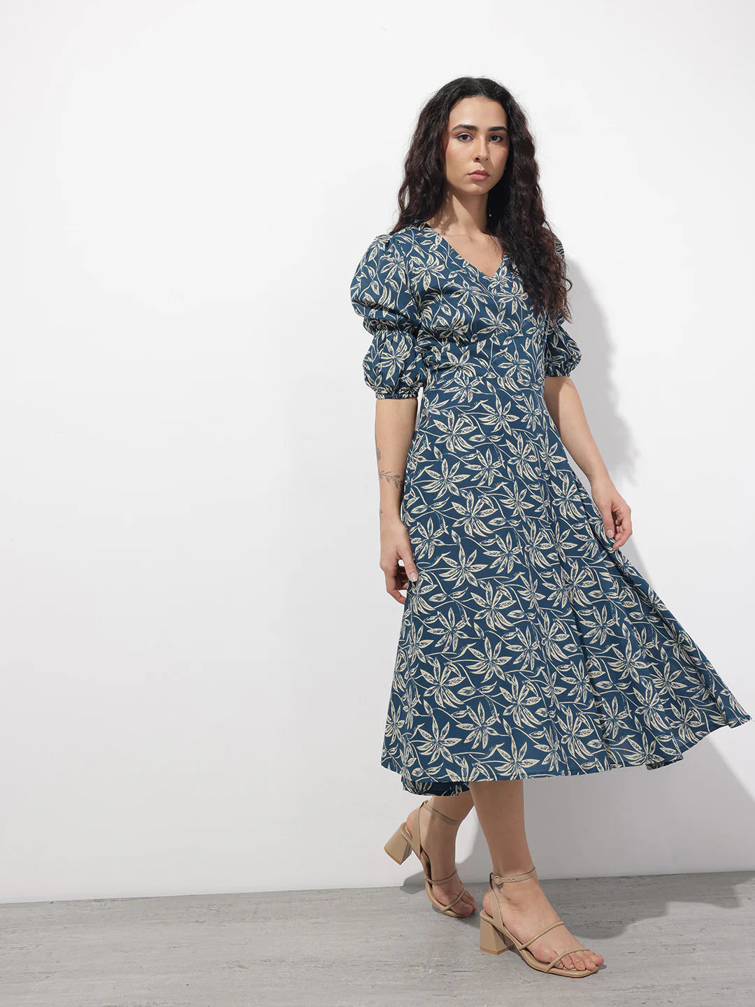 Aravalii Blue V-Neck Midi Cotton Dress