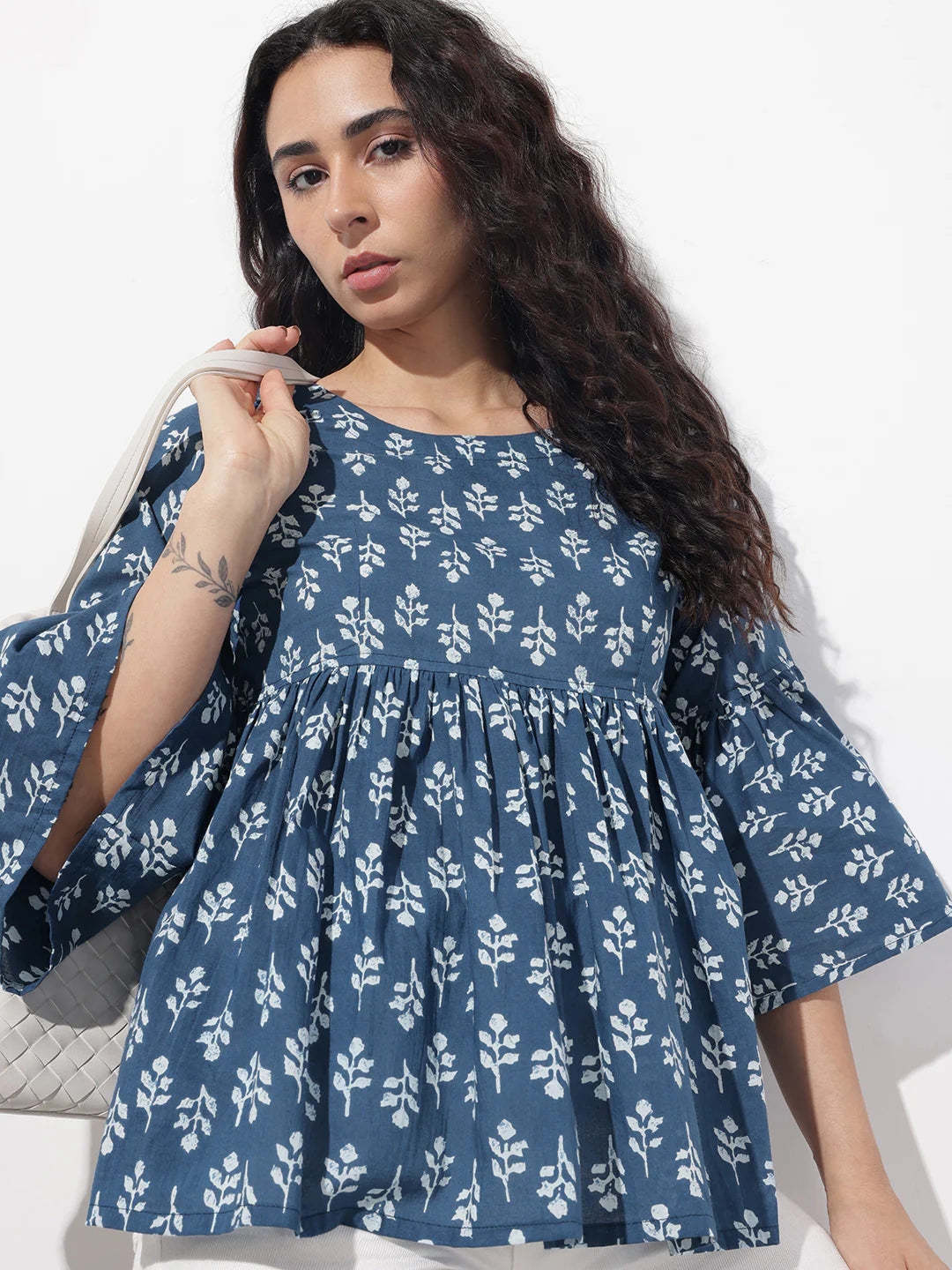 Blue Floral Round Neck Peplum Top