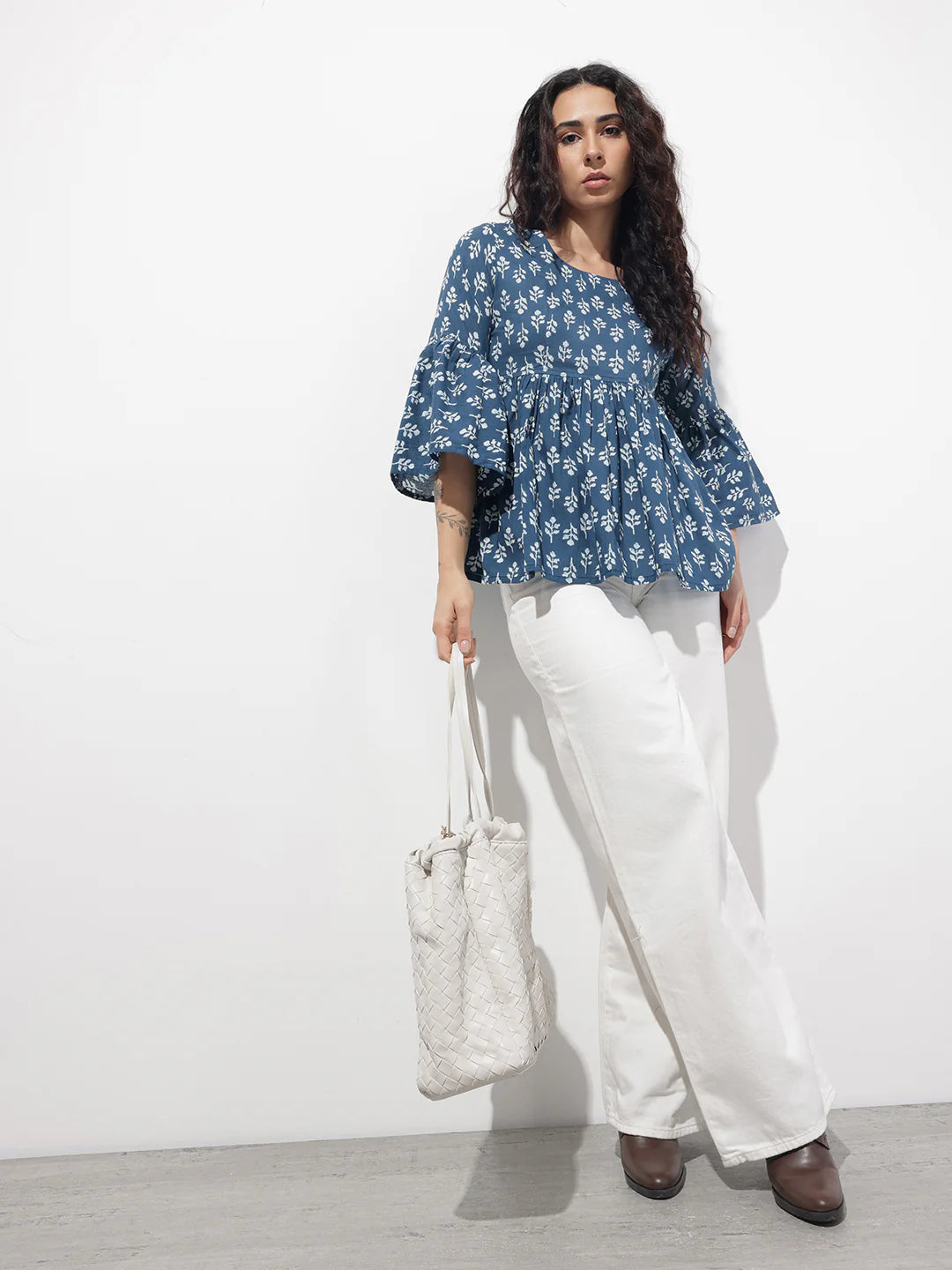 Blue Floral Round Neck Peplum Top