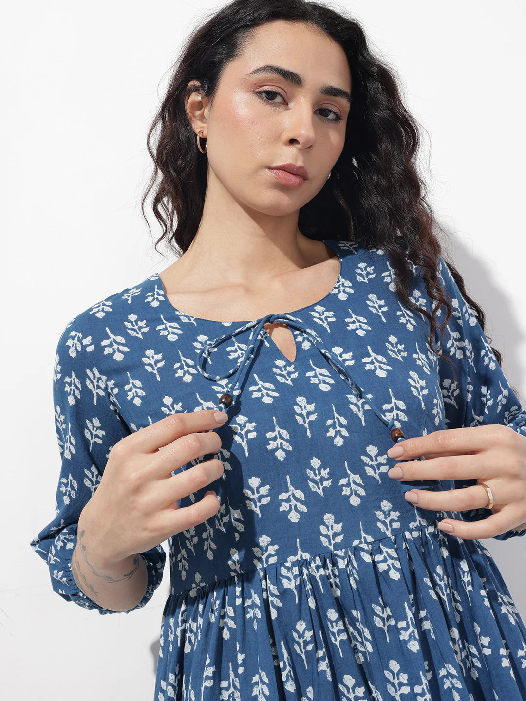 Aravalii indigo Tie-up Neck Flared Cotton Dress