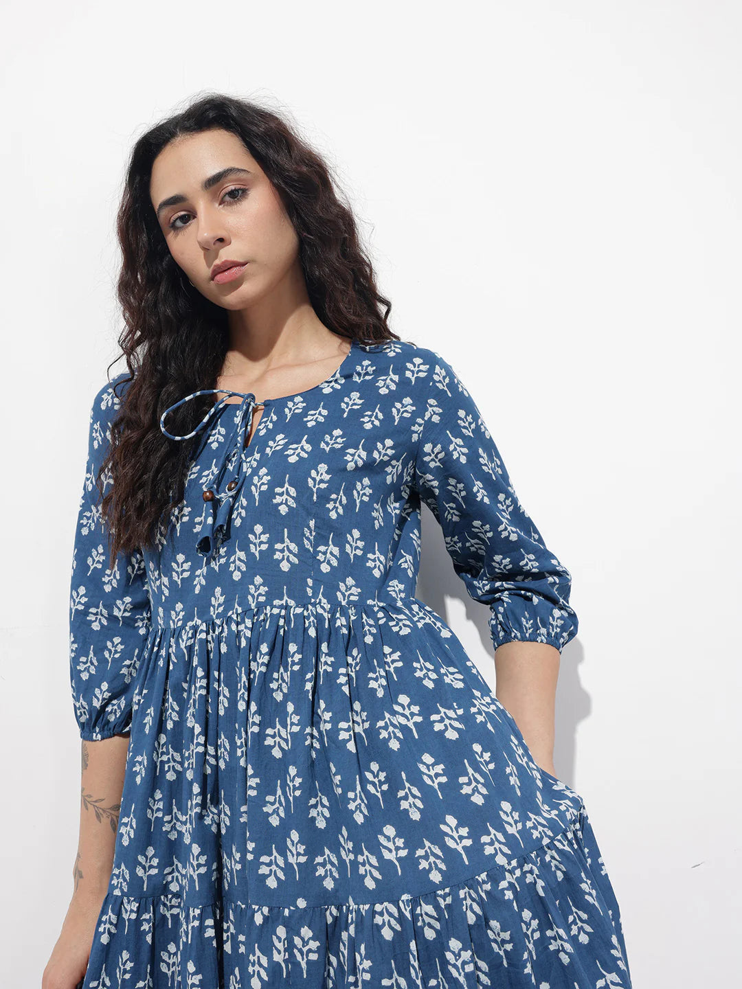Aravalii indigo Tie-up Neck Flared Cotton Dress