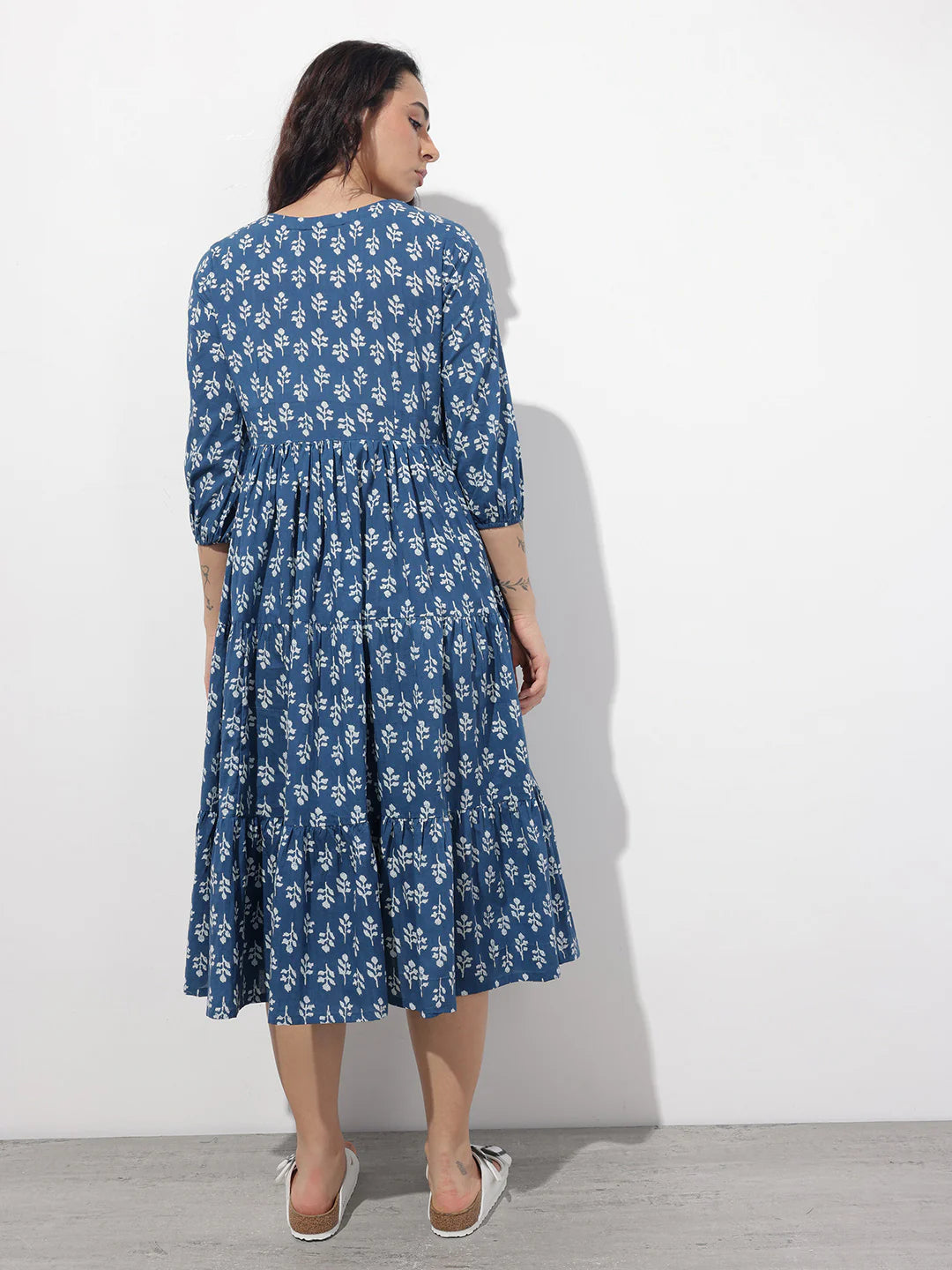 Aravalii indigo Tie-up Neck Flared Cotton Dress