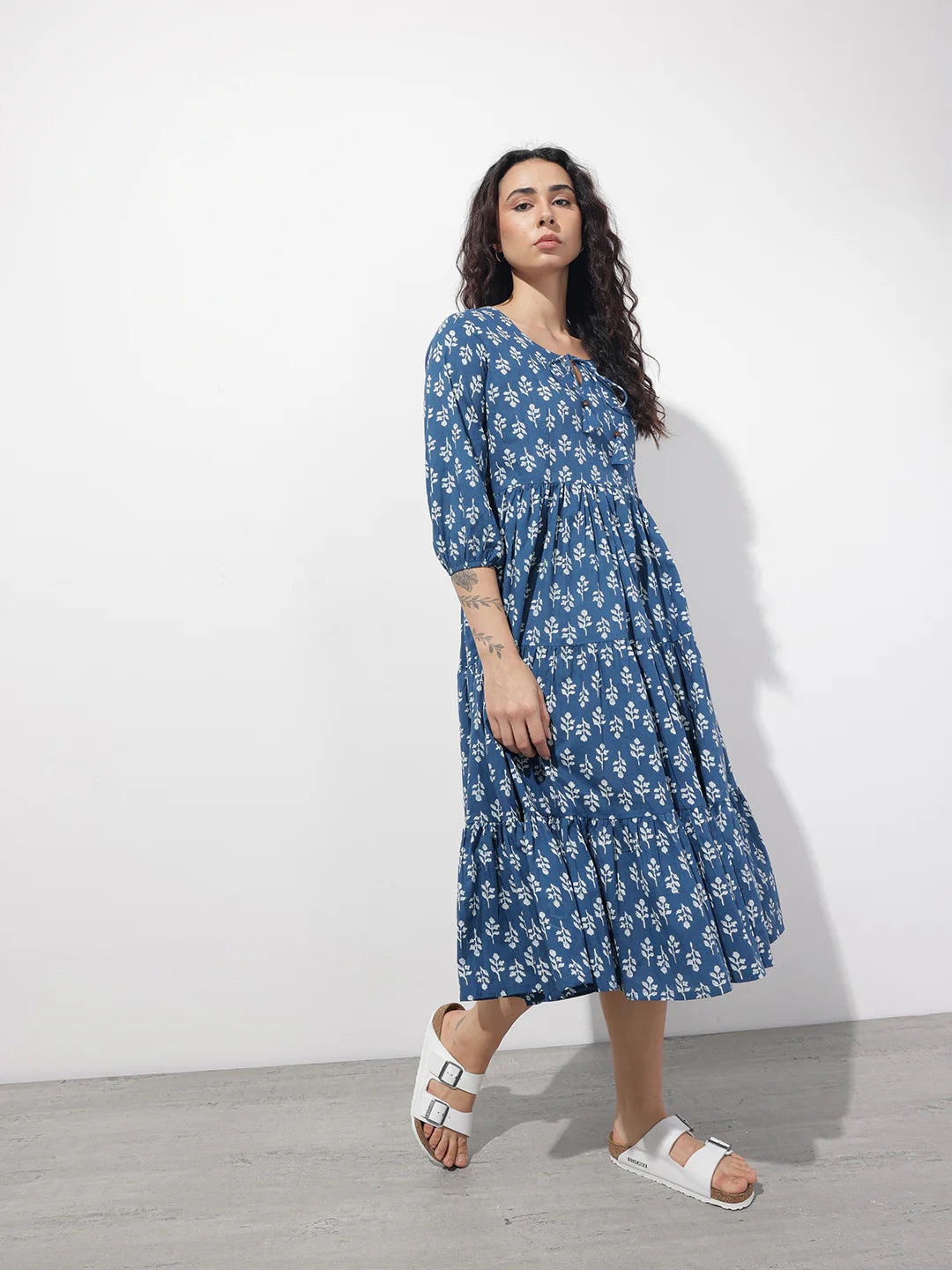 Aravalii indigo Tie-up Neck Flared Cotton Dress