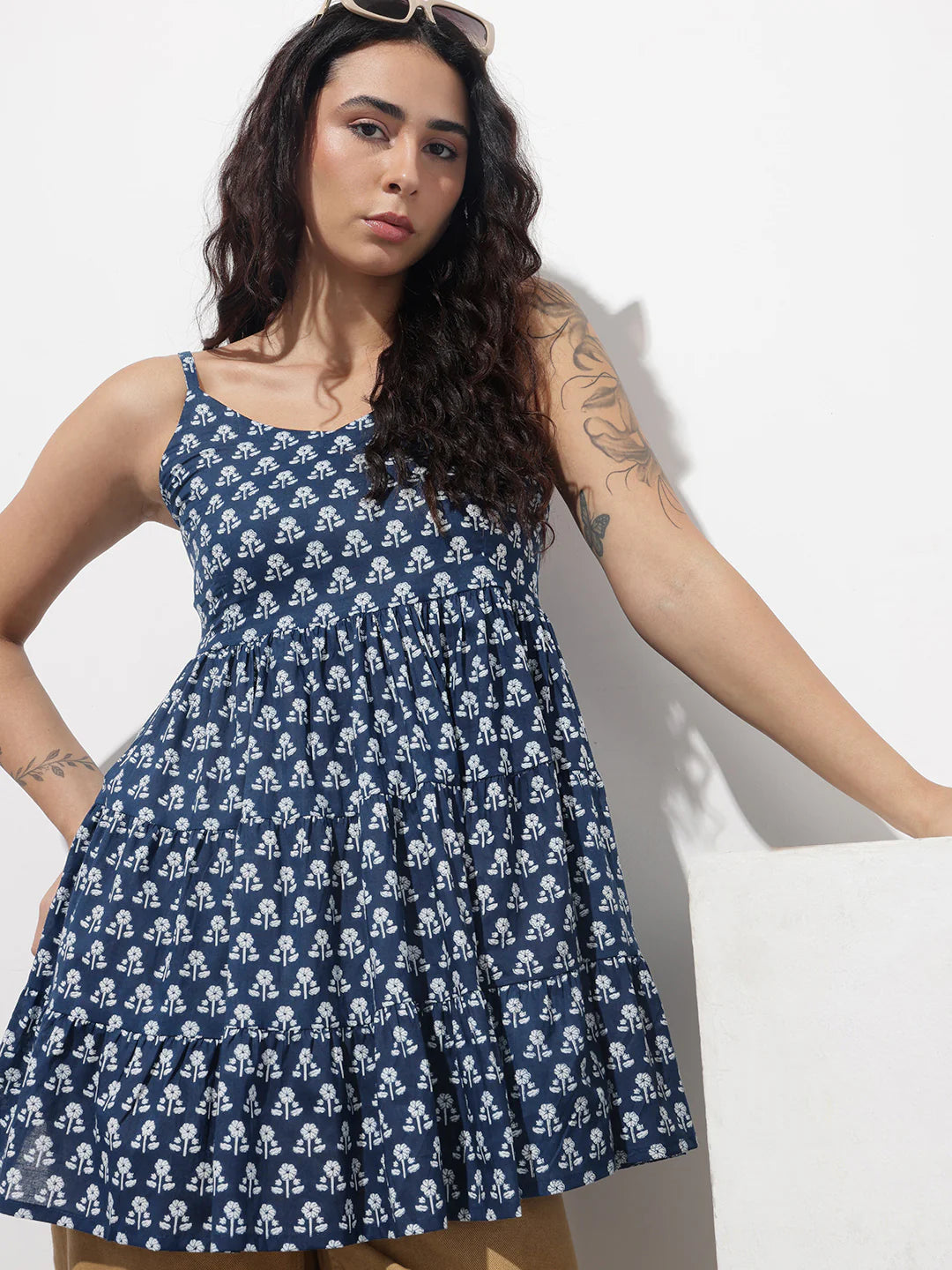 Blue Floral Shoulder Straps Gather Tier Top